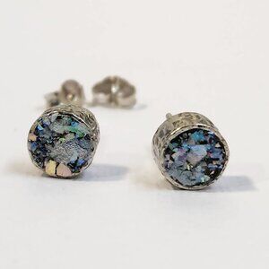 VTG 8mm NIB Authentic Israel Roman Glass Mosaic 925 Stud Earrings